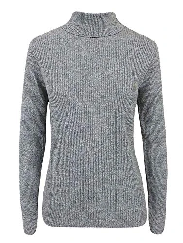 WOMENS LADIES RIBBED POLO NECK TOP JUMPER TURTLE ROLL NECK FULL SLEEVE PLAIN TOP (S/M 8-10, Grey)