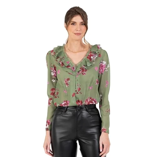 Women's Ladies Ruffle Blouse V-Neck Long Sleeve Button-up Frills Floral Print Metallic Smart Casual 