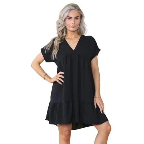 Women's Ladies Short Sleeve Summer New V Neck Frill Swing Layered Smock Pleated Ruffle Mini Casual Loose Long T-Shirt Dress Ladies Holiday Beach Tops Black 16-18