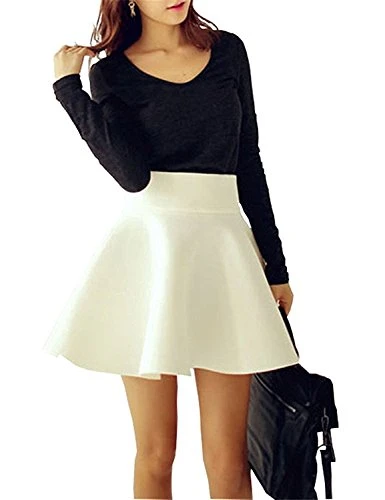 Womens Ladies Summer Fashion Solid High Waist Stretch Fit Flared Pleated Thick Super Short Mini Skater A-Line Tutu Skirts White EU XS