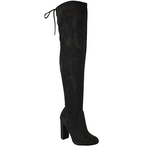 Womens Ladies Thigh High Boots Over The Knee Stretch Party Block Mid Heel Size Black Suede