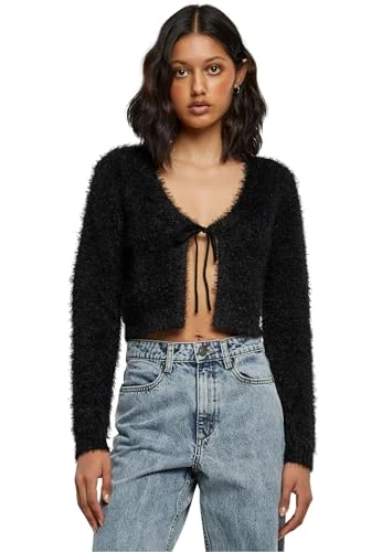 Women's Ladies Tied Cropped Feather Cardigan Sweater, Black, XL