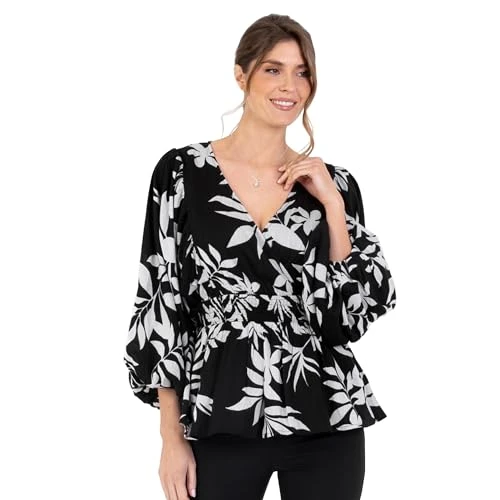 Women's Ladies Wrap Top Peplum Blouse V-Neck Long Balloon Sleeve Leaf Print Fit and Flare A-line Sma