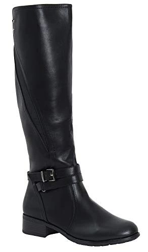 Womens Ladies Zip Up Buckle Knee Length High Flat Block Low Heel Boots Shoes (Black, 4 UK)