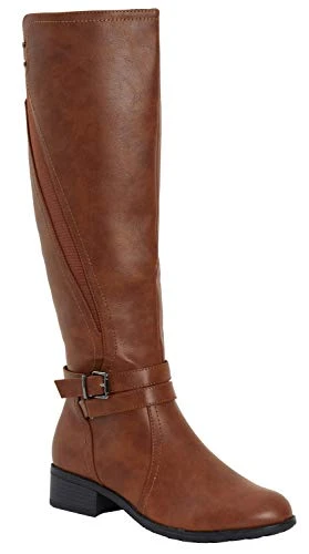 Womens Ladies Zip Up Buckle Knee Length High Flat Block Low Heel Boots Shoes UK [CAMEL 4]