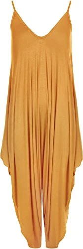 Women's Lagenlook Strappy Baggy Harem Jumpsuit Dress Top Playsuit Cami - Mustard - One Size