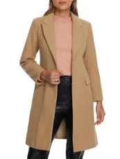 Women's Lapel Coat with Button Pocket Notch Elegant Winter Coats Long Sleeve, dark khaki, L