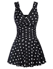 Women's Large One-Piece Swimsuit with Skirt Summer Sleeveless Floral Swimsuit Black with White dots M
