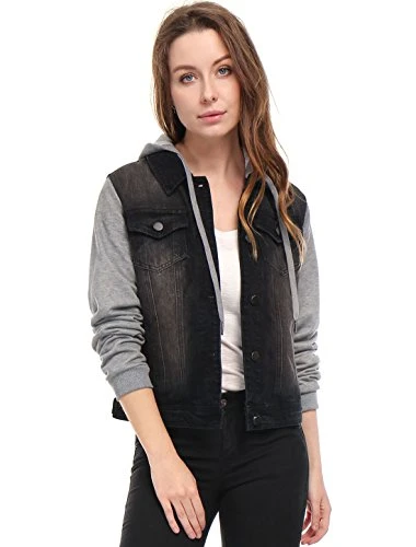 Women's Layered Drawstring Hood Denim Jacket W Pockets Black L