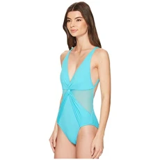 Women's Layered Illusion V-Neck One-Piece Swimsuit w/Mesh Insert & Removable Soft Cups