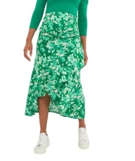 Women's Leaf Print Asymmetric Frill Wrap Front Midi Skirt, Green, 12 Women's Leaf Print Asymmetric Frill Wrap Front Midi Skirt, Green, 12