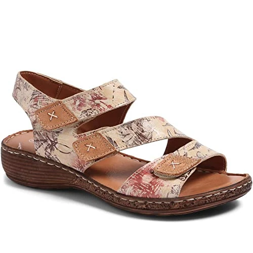 Women's Leather Adjustable Sandals in Beige Floral Design - Soft Premium Leather and Low Heel - Comf