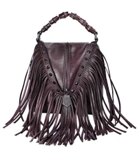 Women's Leather Bamboo Hand Strap Featured Fringe Bohemian Tassel Studed Cross Body Bag, Coffee, One Size