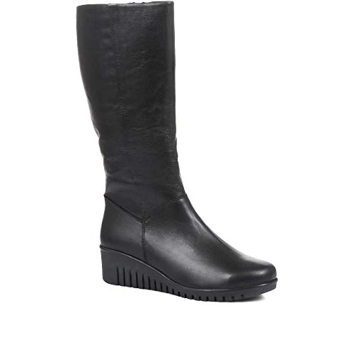 Women's Leather Knee-High Boots in Black - Ladies Casual Shoes with Flexible Wedge Heel - Lightweigh