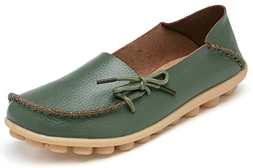 Womens Leather Moccasins Casual Loafer Flat Boat Shoes Lace-Up Slip On Driving Shoes, 4 UK, A Army G