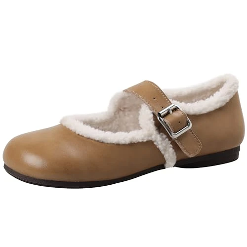 Women's Leather Warm Ballet Flats Mary Jane Court Shoes with Buckle Brown