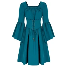 Womens Leisure Dressed Loose Ruched Beach Smock Darkness Dress Women Medieval Bell Long Sleeve Dress Square Neck Corset Dress with Pockets Ladies Summer Dresses (Blue, S)
