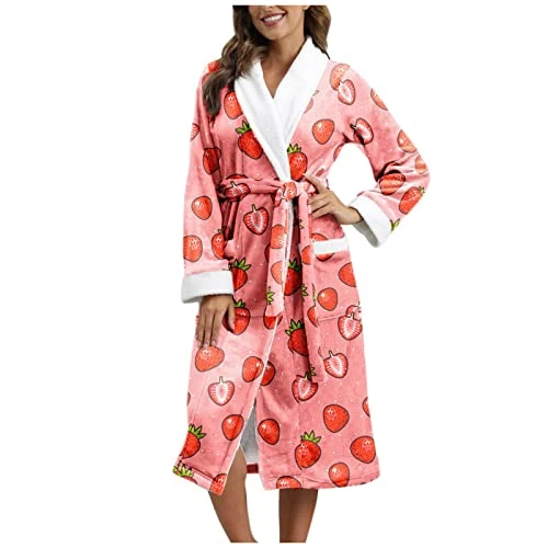 Womens Lengthened Bathrobe Warm Trendy Animals Print Long Sleeve Lapel Splicing Winter Soft Bath Gown Sleepwear Pajiamas Woman Night Gown