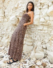 Women's Leopard Print Bandeau Jersey Maxi Dress with Pockets