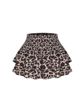 Women's Leopard Print Layer Ruffle Hem Smocked Skirts A Line Flared Mini Skirt Brown M