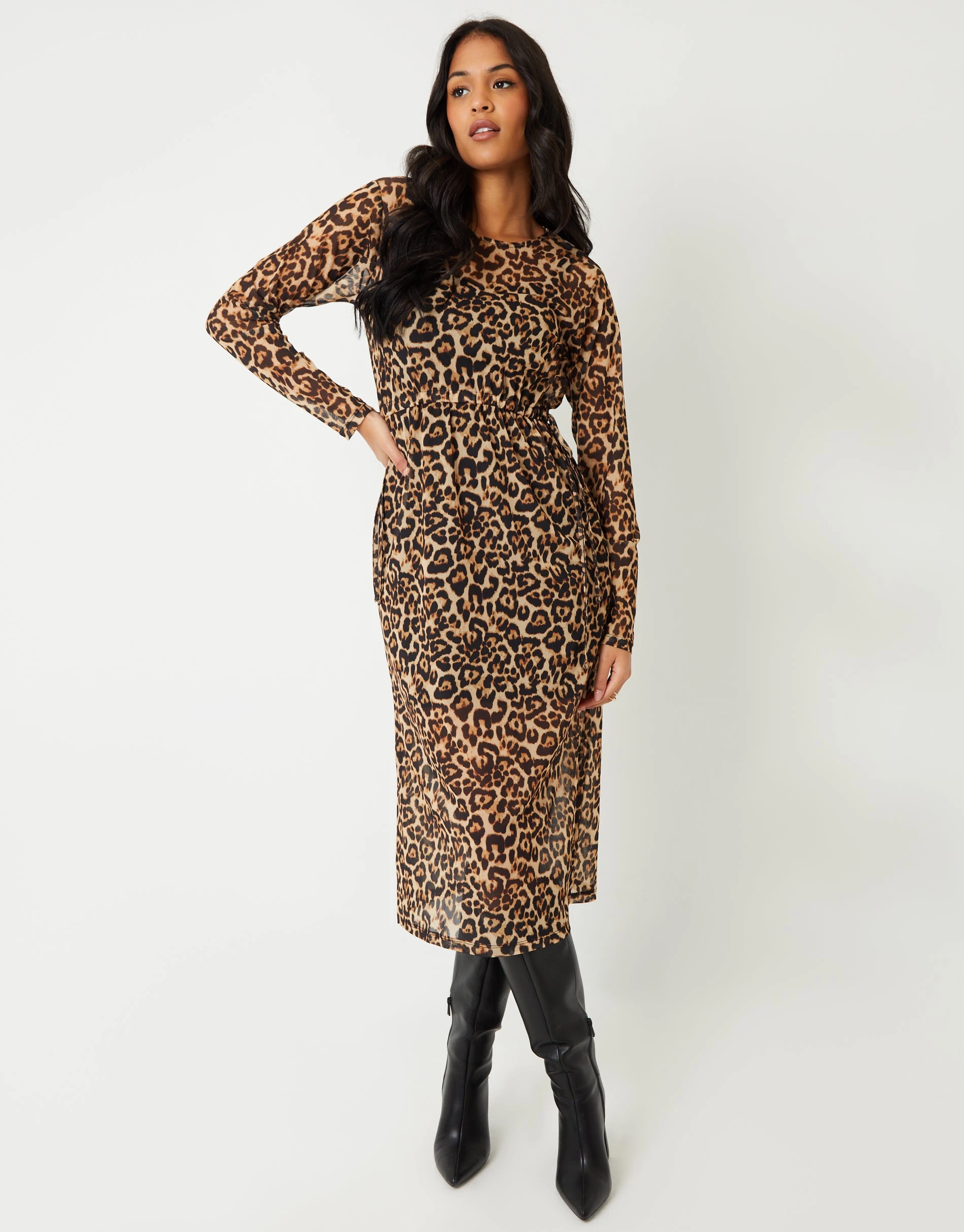 Women's Leopard Print Long Sleeve Sheer Maxi Dress