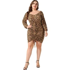 Women's Leopard Print Plus Size Ruffled Drawstring Dress Deep V Neck Flared Midi Skirt Clubwear Brown XL Women's Leopard Print Plus Size Ruffled Drawstring Dress Deep V Neck Flared Midi Skirt Clubwear Brown XL