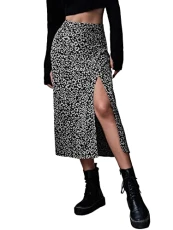 Women's Leopard Print Split A Line Midi Skirt High Waisted Summer Swing Long Skirts Black and Grey L Women's Leopard Print Split A Line Midi Skirt High Waisted Summer Swing Long Skirts Black and Grey L