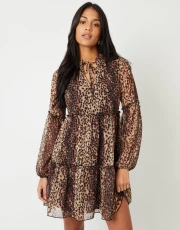 Women's Leopard Print Tiered Chiffon Mini Dress