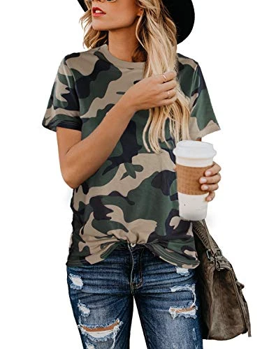 Womens Leopard Print Tops Short Sleeve Round Neck Casual T Shirts Tees, Camo, M