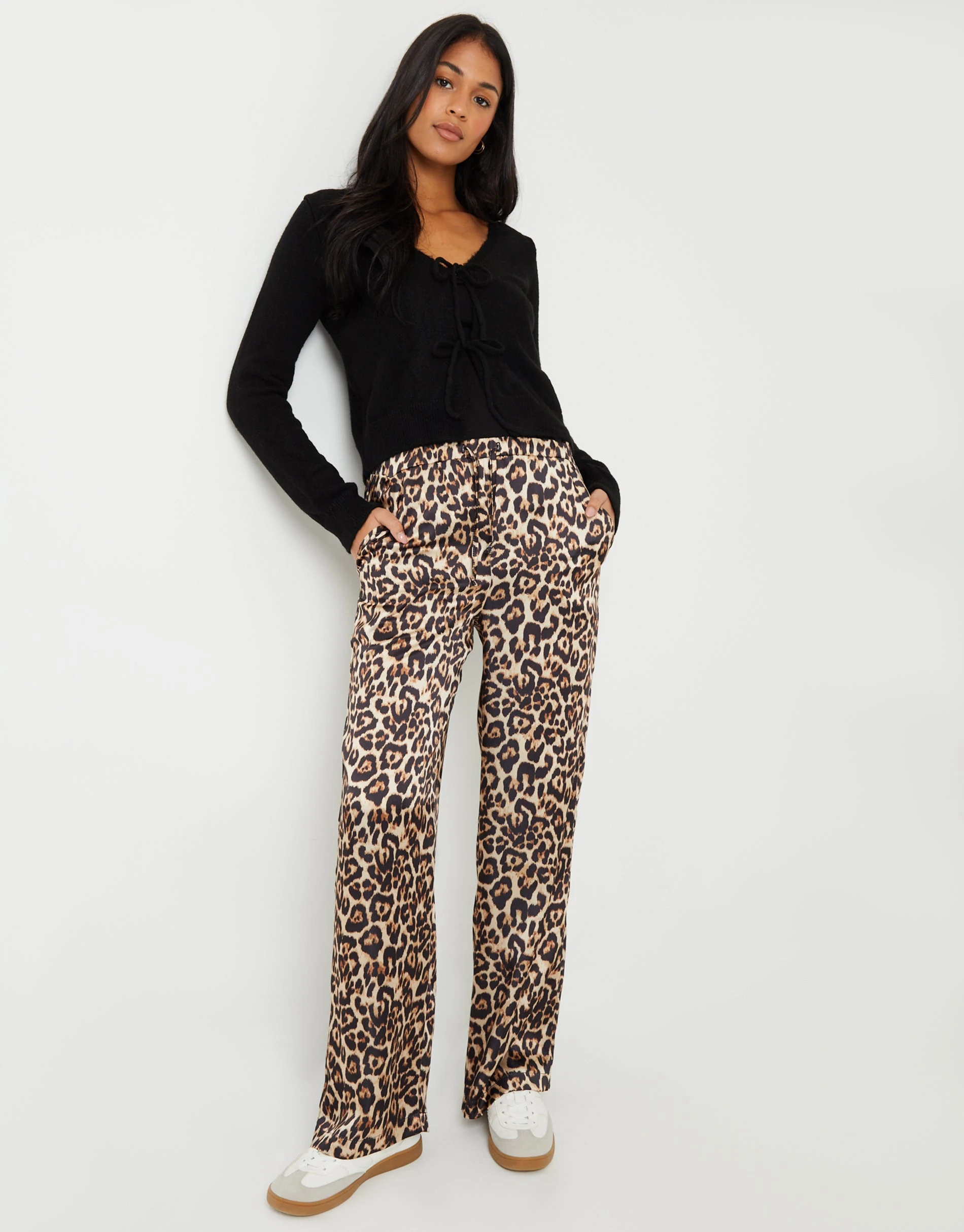 Women's Leopard Print Wide Leg Satin Trousers