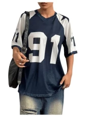 Women's Letter Graphic Colorblock Oversized T Shirts V Neck Half Sleeve Jersey Tops Blue X mall