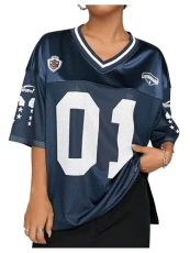 Women's Letter Graphic Loose Jersey Oversized T Shirts V Neck Half Sleeve Mesh Streetwear Tops Dark Blue Small