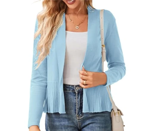 Women's Light Blue Cardigans Cropped Long Sleeve Open Front Casual Shrugs for Summer M Size 16