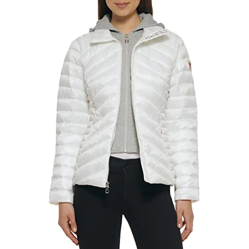 Women's Light Packable Jacket – Quilted, Transitional Puffer Down Alternative Coat, White/Heather 