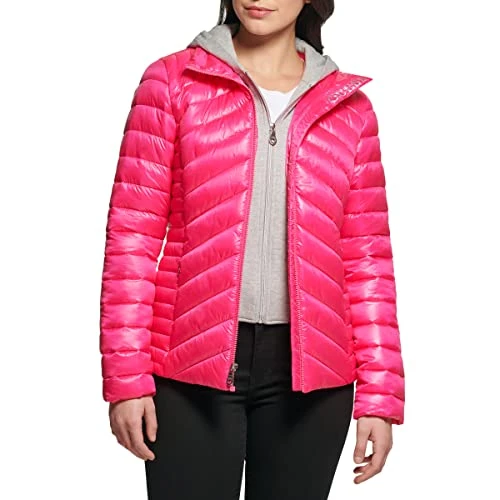 Women's Light Packable Jacket – Quilted, Transitional Puffer, Hot Pink, XL