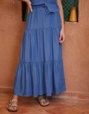 Women's Light Wash Pull On Tiered Chambray Midi Skirt