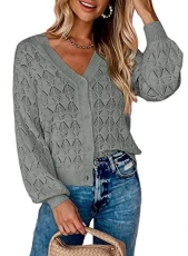 Womens Lightweight Crochet Sweaters for Women Hollow Out Shrug Button Down Elegant Bolero Long Sleev