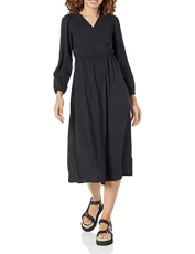 Women's Lightweight Georgette Long-Sleeved V-Neck Midi Dress (Available in Plus Size), Black, XXL Women's Lightweight Georgette Long-Sleeved V-Neck Midi Dress (Available in Plus Size), Black, XXL