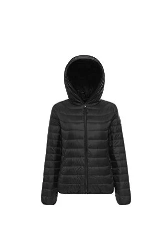 Women's Lightweight Hooded Puffer Down Jacket, Black, 14