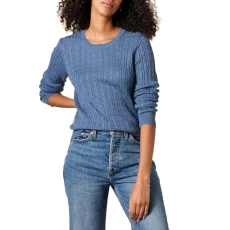 Women's Lightweight Long-Sleeved Cable Crewneck Sweater (Available in Plus Size), Blue Heather, S