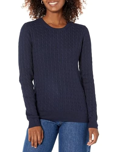 Women's Lightweight Long-Sleeved Cable Crewneck Sweater (Available in Plus Size), Navy, S