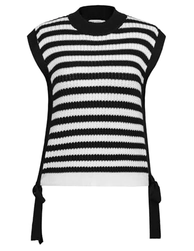 Women's Lightweight Loose Summer Striped Sweater Vest Cap Sleeve Crew Neck Jumpers Black-White Stripe XL