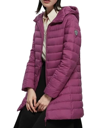 Women's Lightweight Mid-Long Down Jacket Hooded Warm Winter Jacket Coat, Grape Purple, XXL