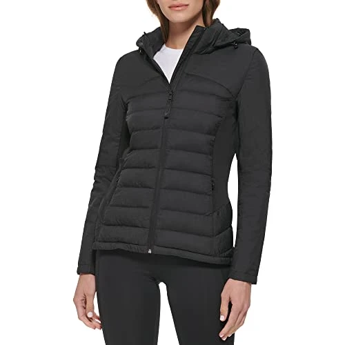Women's Lightweight Scuba Side Panels Adjustable Hood Zip Pockets Puffer Down Coat, Black, M