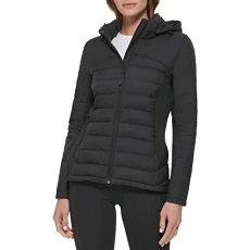 Women's Lightweight Scuba Side Panels Adjustable Hood Zip Pockets Puffer Down Coat, Black, M