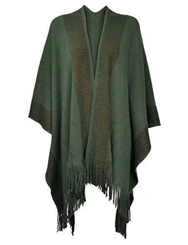 Women's Lightweight Shawl Golden Trim Textured Knit Blanket Wrap Fringe Poncho with Contrast Trims (Army Green),One Size