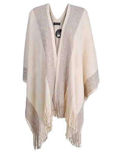 Women's Lightweight Shawl Golden Trim Textured Knit Blanket Wrap Fringe Poncho with Contrast Trims (Khaki),One Size