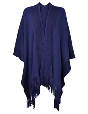 Women's Lightweight Shawl Golden Trim Textured Knit Blanket Wrap Fringe Poncho with Contrast Trims (Navy),One Size Women's Lightweight Shawl Golden Trim Textured Knit Blanket Wrap Fringe Poncho with Contrast Trims (Navy),One Size