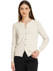 Women's Lightweight Sweater Crewneck Button Down Long Sleeve Cardigan Beige XL