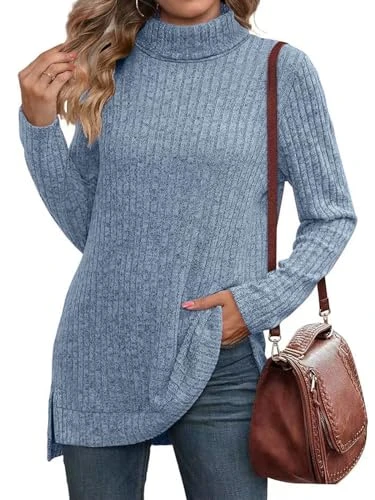 Women's Lightweight Turtleneck Pullover Long Sleeve Shirt Soft Ribbed Knit Casual Knitted Jumper Top